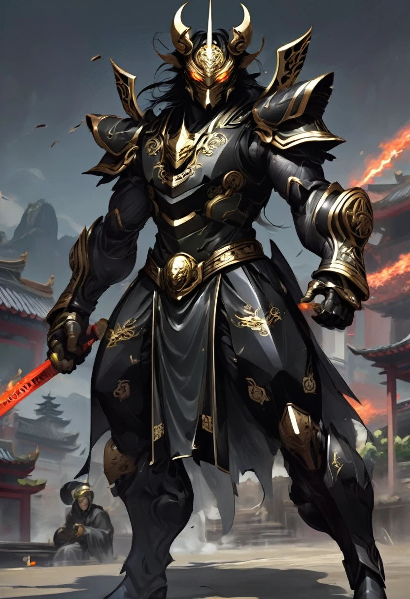 He is clad in all-black Chinese armor.、Lion Helmet、Kung Fu Stance、Chinese boxing、disaster々Aura、Bad guy、Villain、Warrior