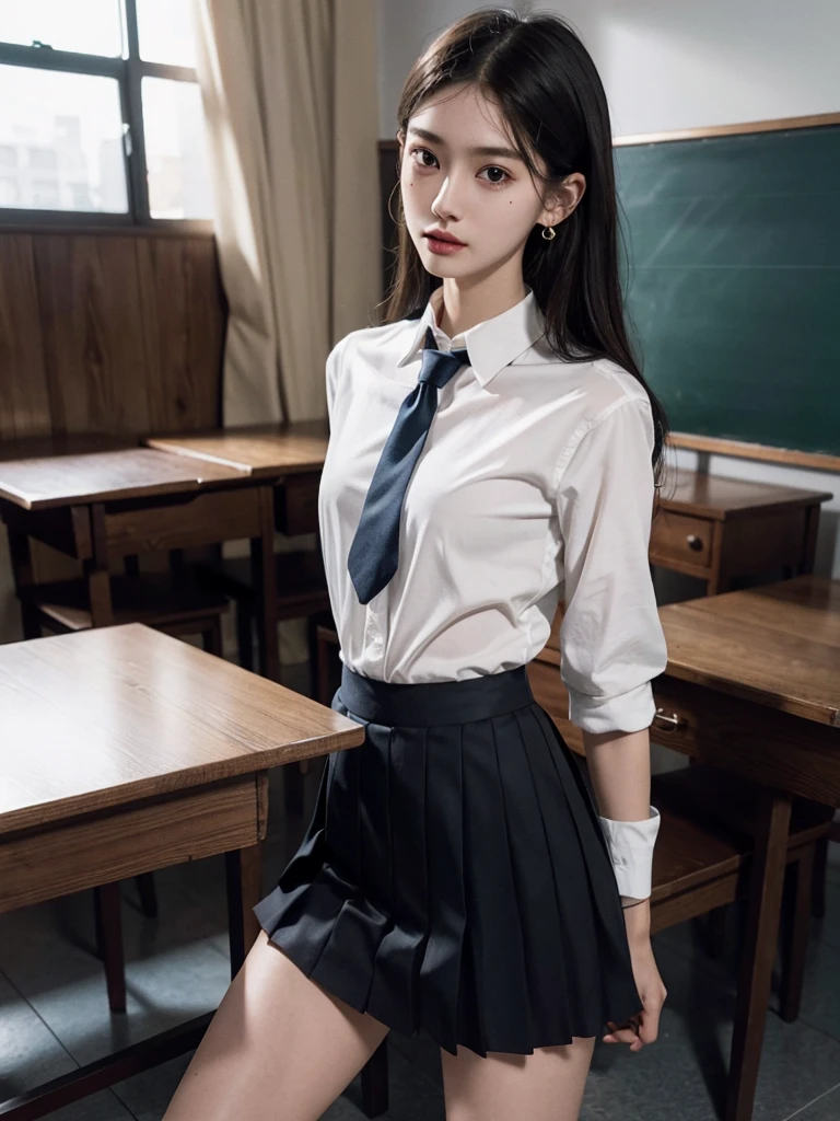 absurdres, RAW photo, extremely delicate and beautiful, masterpiece, Best Quality, ultra high resolution, 32k, hyperrealistic, ultra-detailed, perfect anatomy, anatomically correct, perfect figure, super Detailed skin, 20 years old, very Slim body, narrow waist, very small head, very small face, delicate facial features, detailed face, detailed eyes, tearful mole, earring, thin legs, bare legs, (full body shot:1.2), indoor, short skirt, (school_uniform:1.2),