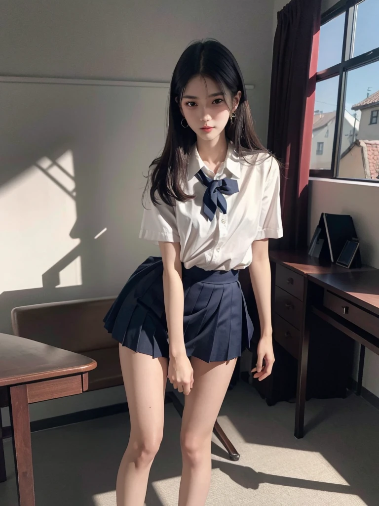 absurdres, RAW photo, extremely delicate and beautiful, masterpiece, Best Quality, ultra high resolution, 32k, hyperrealistic, ultra-detailed, perfect anatomy, anatomically correct, perfect figure, super Detailed skin, 20 years old, very Slim body, narrow waist, very small head, very small face, delicate facial features, detailed face, detailed eyes, tearful mole, earring, thin legs, bare legs, (full body shot:1.2), indoor, short skirt, (school_uniform:1.2),