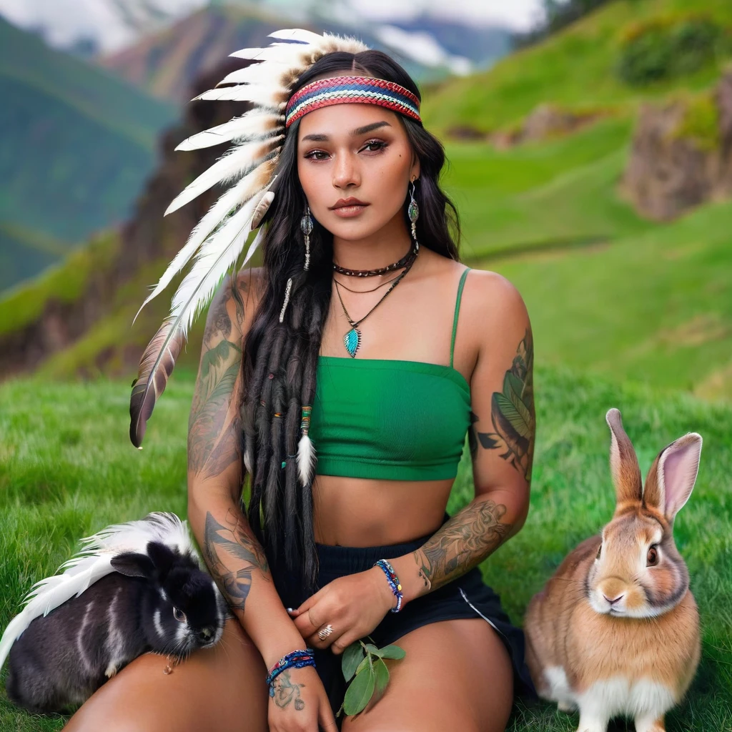 Realistic image of a woman, alone, with long hair, looking at the viewer, black hair, brown eyes, jewelry, braid, earrings, dark skin, necklace, mole, dark-skinned woman, lips, tattoo, feathers, headdress, facial tattoo, Native America, sitting on the green grass behind mountain with rabbits 