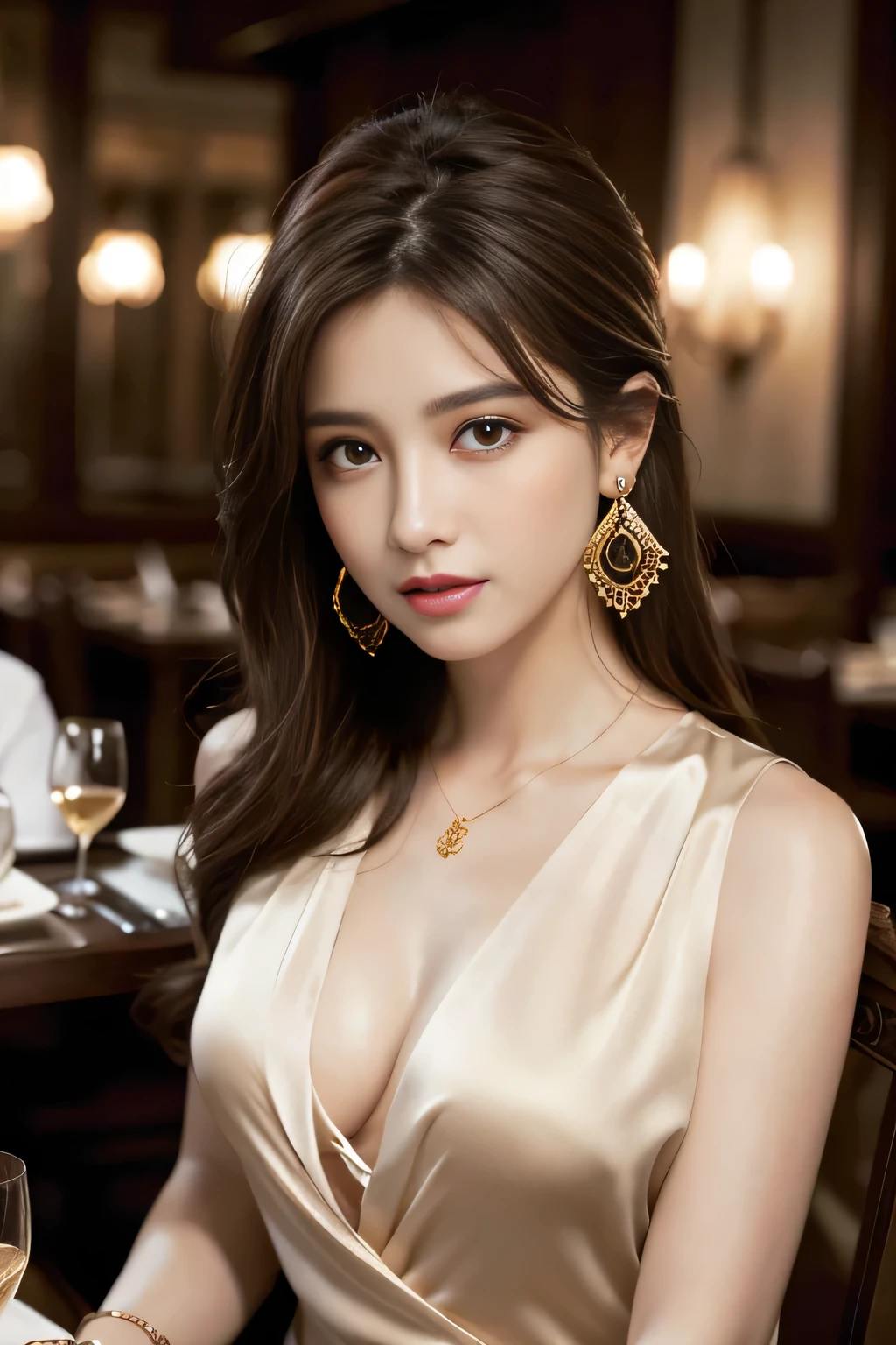 masterpiece, Highest quality, Realistic, Very detailed, Finer details, High resolution, 8k wallpaper, One beautiful woman, Wear a fine colored silk shirt, In a great restaurant, At night, Light brown messy hair, Perfect dynamic composition, Beautiful and beautiful eyes、Big earrings、chest、Sleeveless shirt、