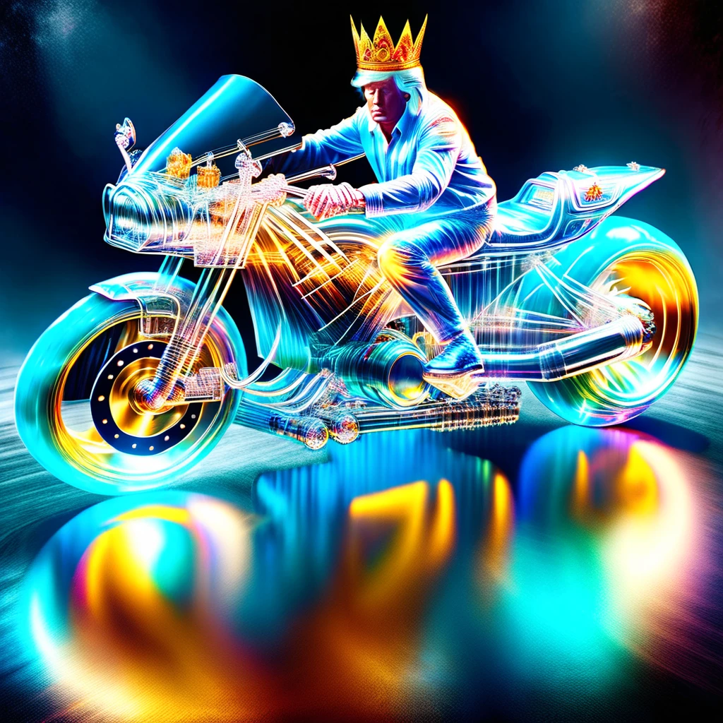 hyper detailed masterpiece, dynamic realistic digital art, incredible quality,transparentes, Donald Trump, wearing a small gold crown sitting on the motorcycle DonMSp3ctr4lXL