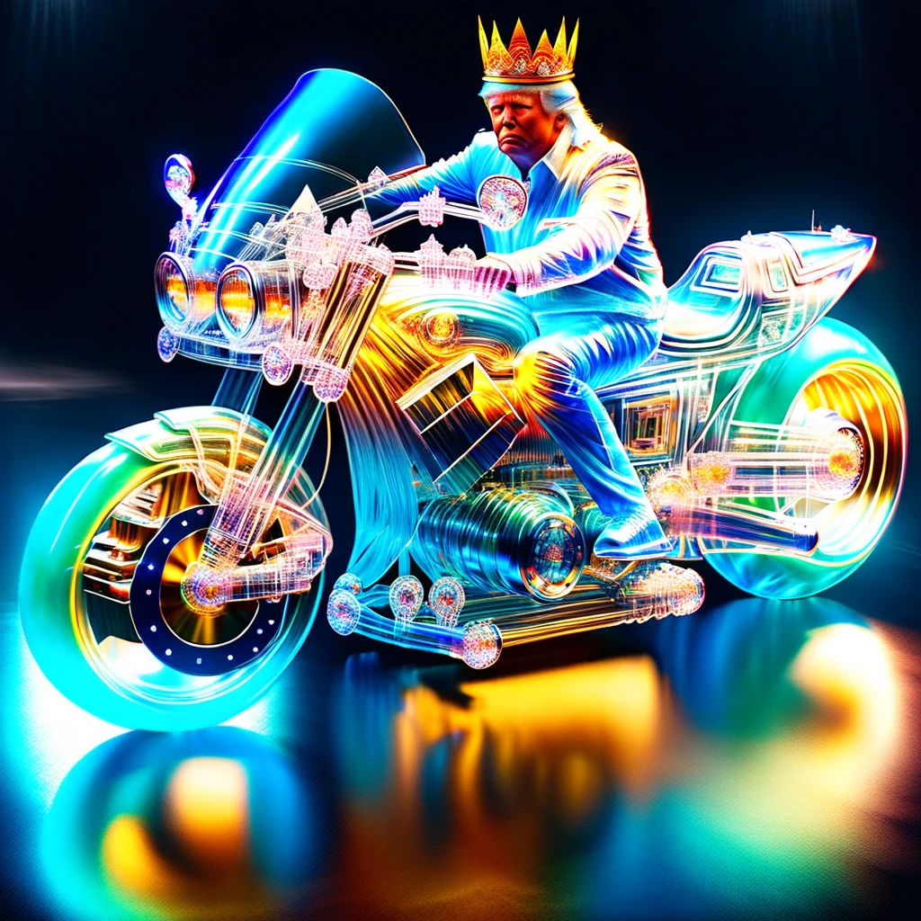 hyper detailed masterpiece, dynamic realistic digital art, incredible quality,transparentes, Donald Trump, wearing a small gold crown sitting on the motorcycle DonMSp3ctr4lXL
