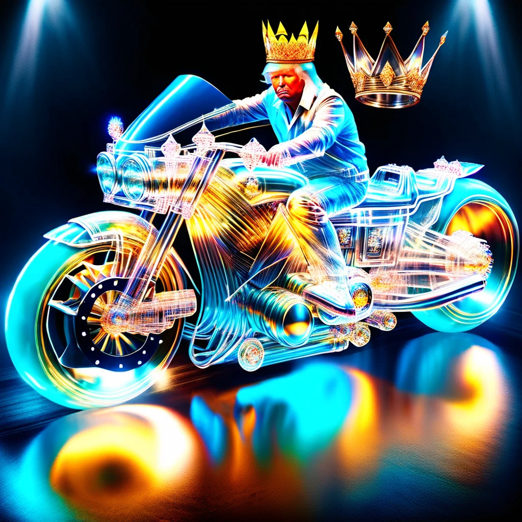 hyper detailed masterpiece, dynamic realistic digital art, incredible quality,transparentes, Donald Trump, wearing a small gold crown sitting on the motorcycle DonMSp3ctr4lXL