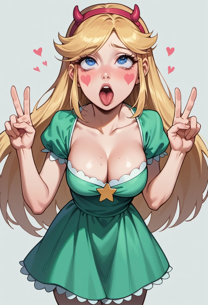 Star Butterfly, 1 girl, long blonde hair, tiara, blue colored eyes, green dress, ahegao, Tilt your head, cowboy shot, breasts small, (cleavage showing), coxas nuas, nice legs, 正面, peace sign, 1 girl, standing alone, gazing at viewer, all-body, pose, best quality, no flaws