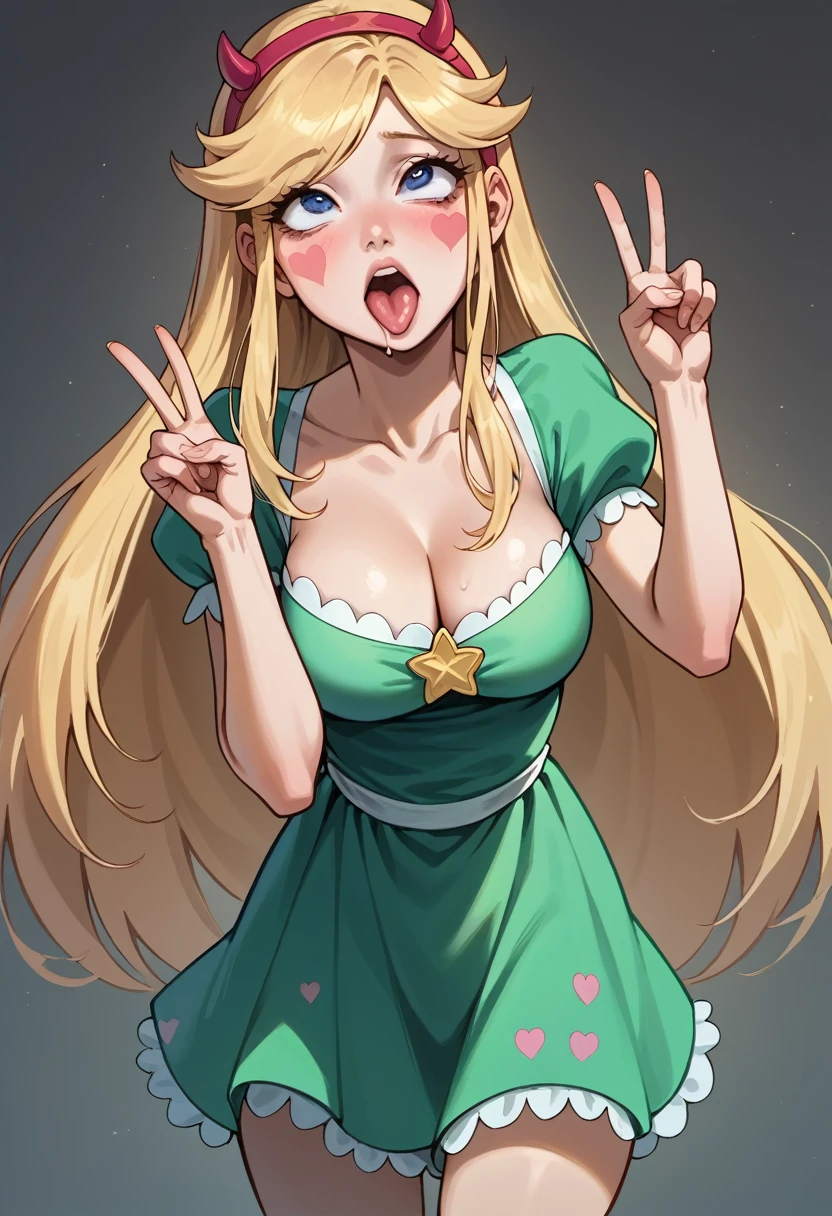 Star Butterfly, 1 girl, long blonde hair, tiara, blue colored eyes, green dress, ahegao, Tilt your head, cowboy shot, breasts small, (cleavage showing), coxas nuas, nice legs, 正面, peace sign, 1 girl, standing alone, gazing at viewer, all-body, pose, best quality, no flaws