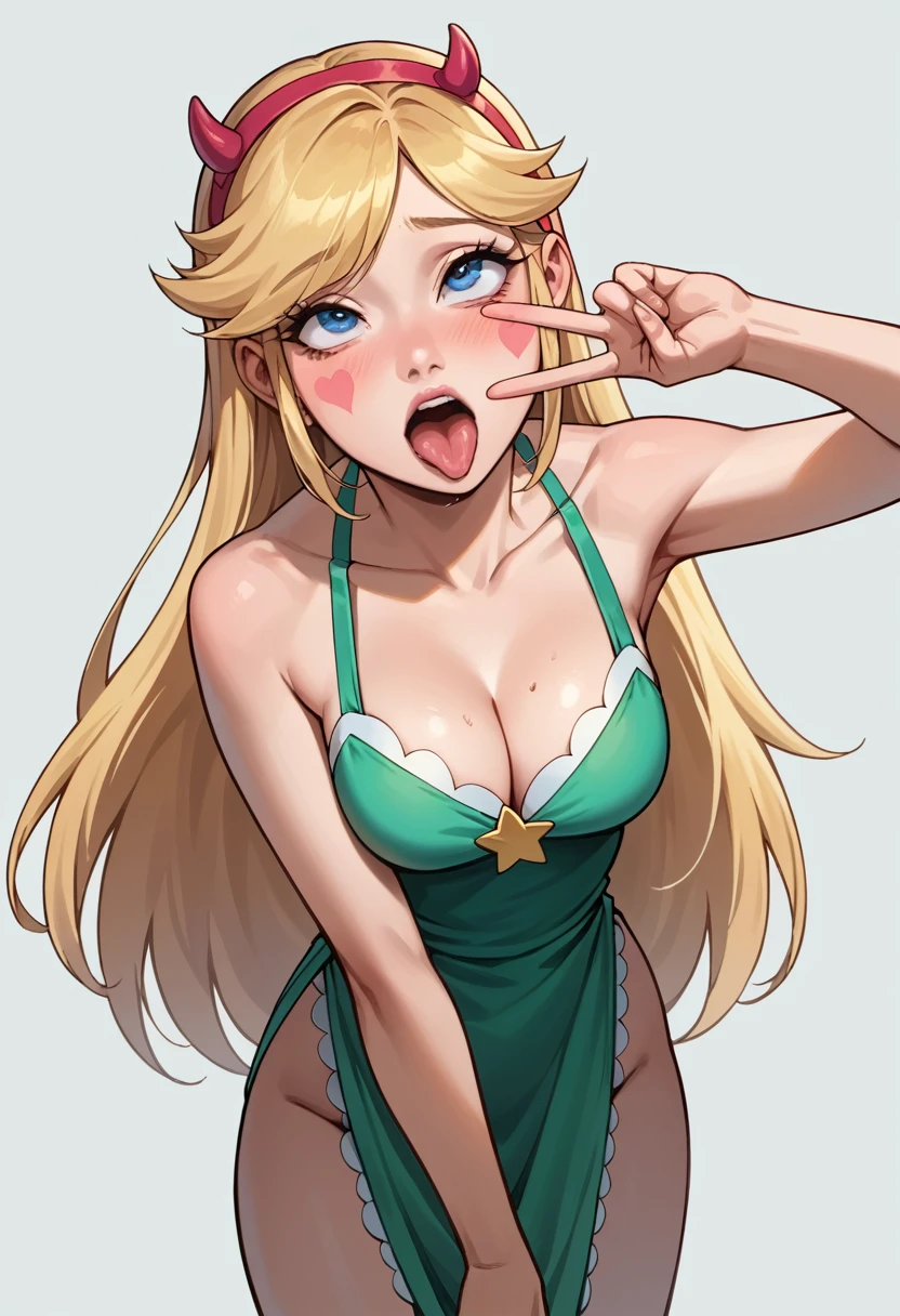 Star Butterfly, 1 girl, long blonde hair, tiara, blue colored eyes, green dress, ahegao, Tilt your head, cowboy shot, breasts small, (cleavage showing), coxas nuas, nice legs, 正面, peace sign, 1 girl, standing alone, gazing at viewer, all-body, pose, best quality, no flaws