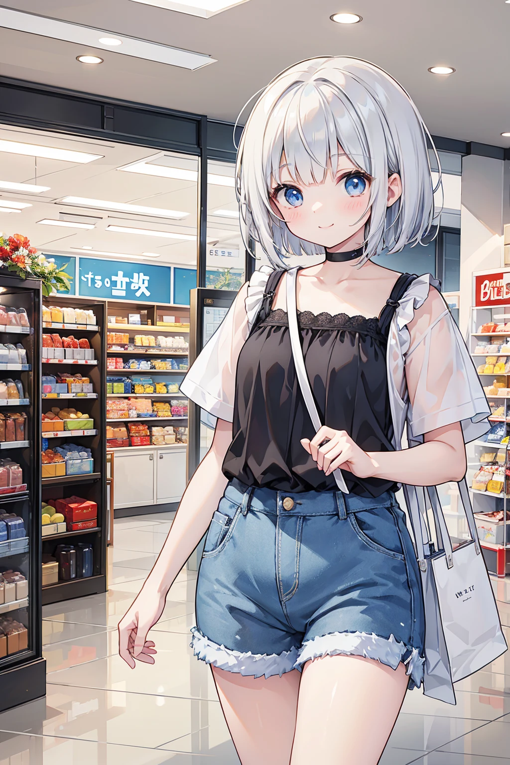 1 girl has a beautiful face and white hair, Airy bangs, Cute, wearing a choker, White T-shirt and denim shorts, Medium breasts, Slender, inside a supermarket, shopping cart, Best quality, Masterpiece, 超高分辨率, (Photorealistic:1.4), RAW photo