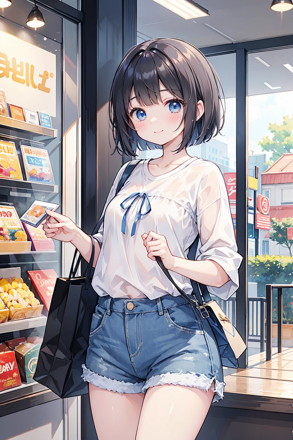 Photorealistic、Highest quality、Highest Resolution、Highest quality、8K、1人のBeautiful woman、Beautiful woman、Beautiful woman、cute、Bob cut hair、Dark Hair Color、Pale blue eyes、Casual Style、黒のcuteノースリーブ、Light blue shorts、cute厚底サンダル、smile、looks fun、sunny、Department store、indoor、shopping、