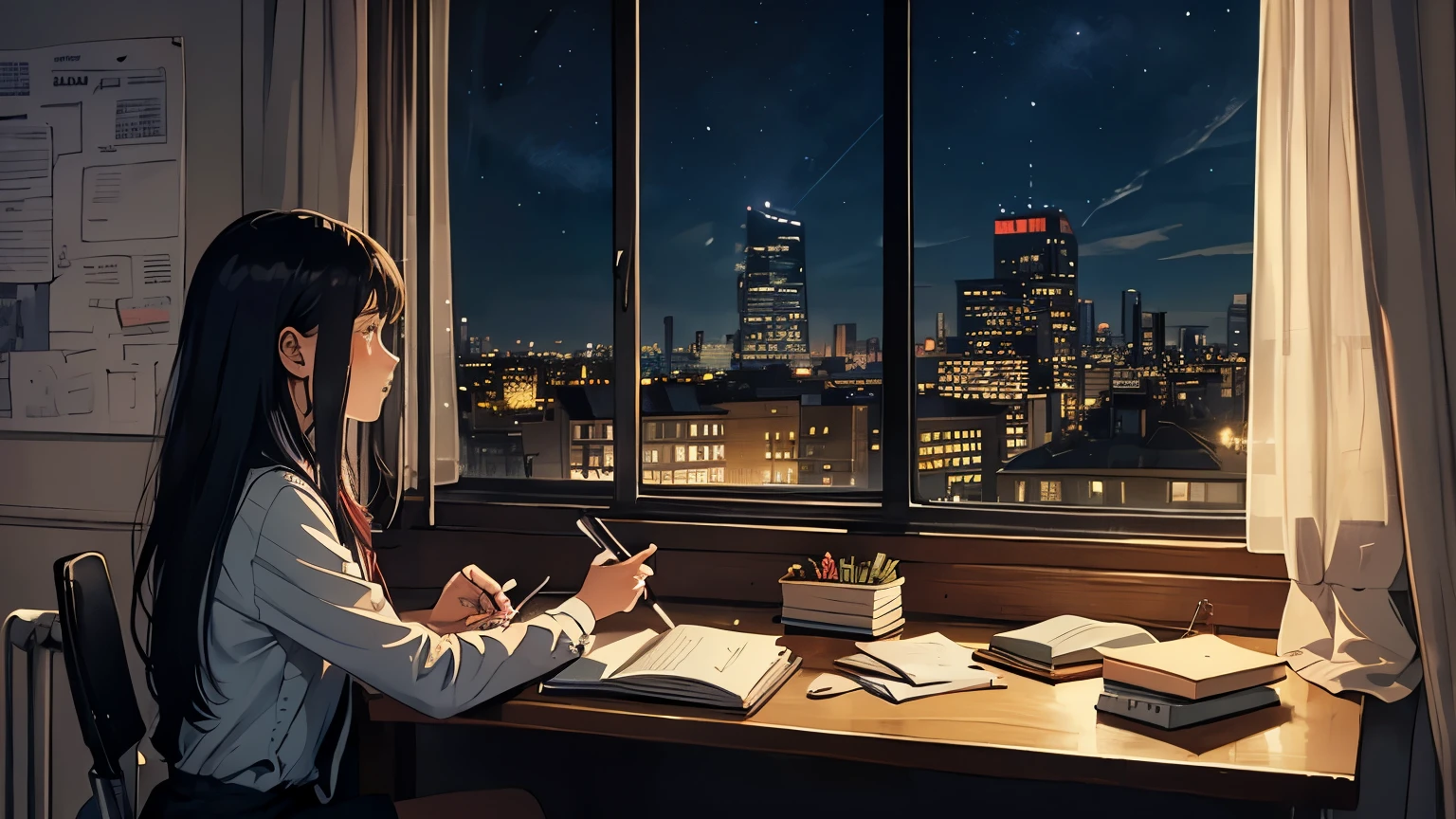 high qualiy, fine-detailed, a girl studying in her room, with a window showing buildings in the background at night, a more cartoon version, with girl looking at her notebook