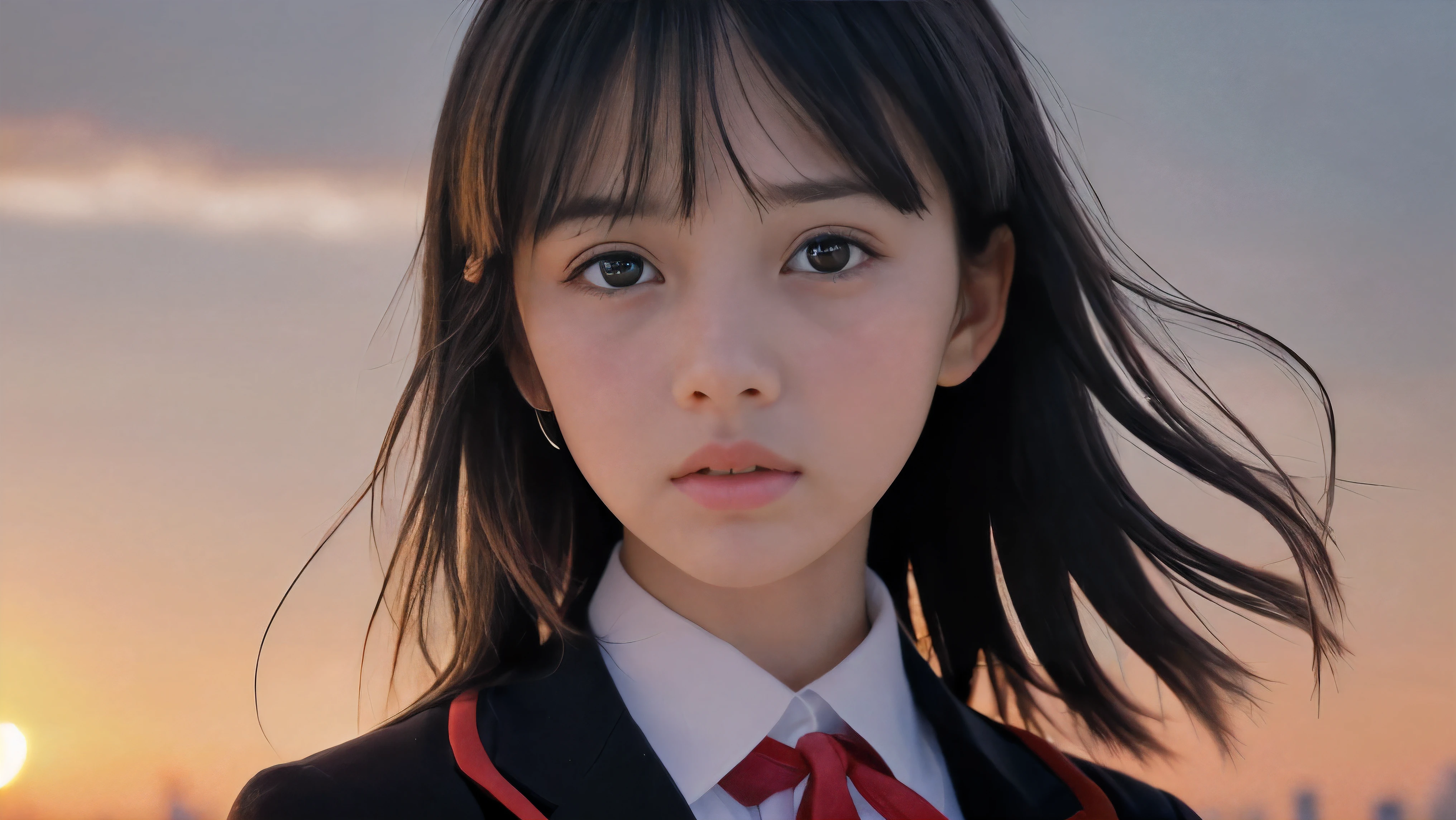 (Close up face shot of one slender small breasts two side up black medium hair bangs girl with crying face in long sleeves black school uniform:1.5)、(One girl is turn around at sunset red sky with her face is reflected sunset light and her hair is blowing in long sleeves black school uniform:1.5)、(Beautiful red sunset sky at skyscraper city landscape:1.5)、(8k ultra detailed master piece:1.5)、(perfect anatomy:1.5)、(Photorealistic stick:1.5)、(Raw photo:1.3)、(highest quality:1.5)、(High resolution:1.3)、(Delicate and beautiful perfect face:1.3)、(Delicate and beautiful eye air skin:1.3)、(Real Human Skin:1.3)、((thin legs))