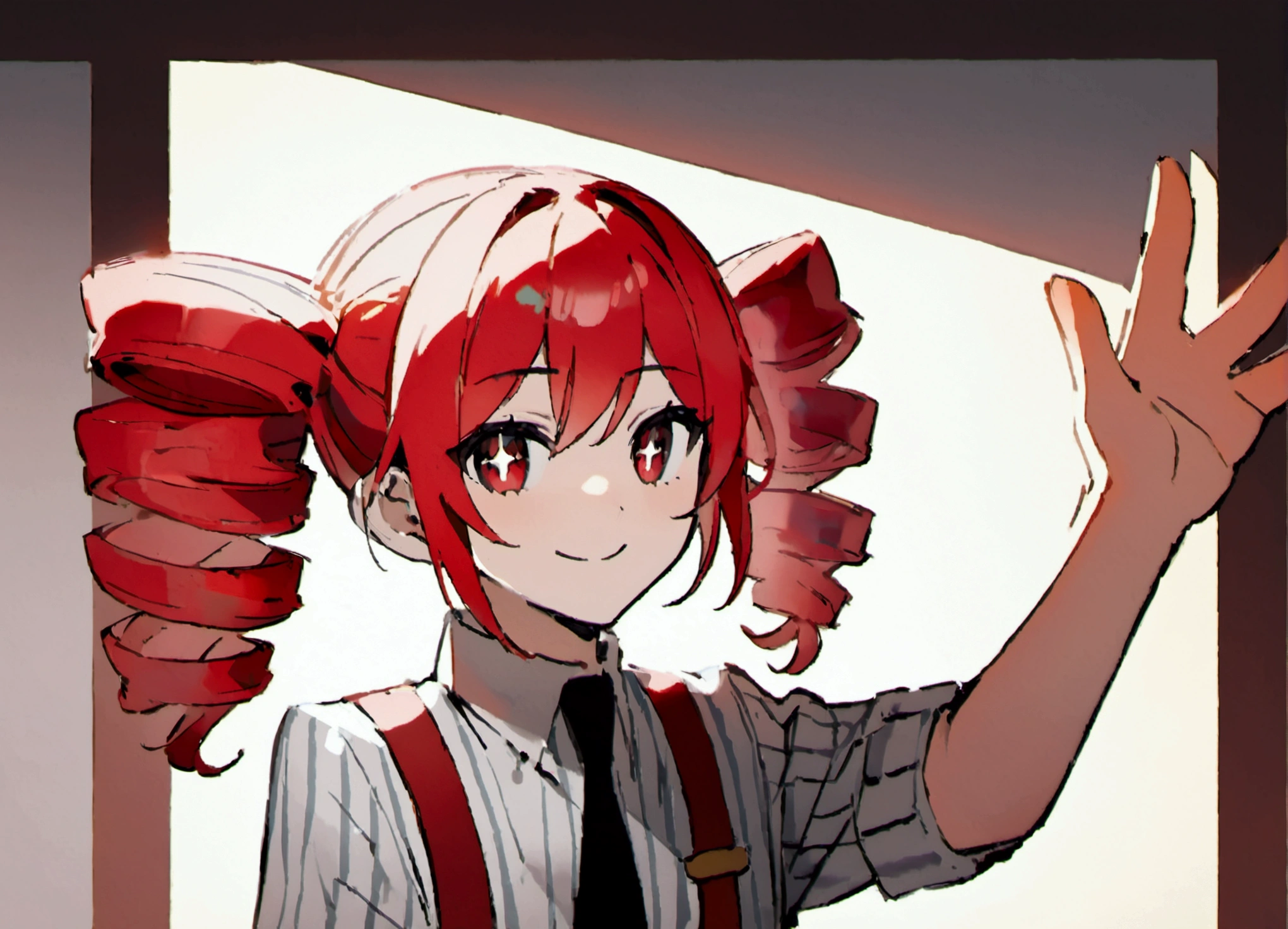 Red hair, waving, smiling, striped white shirt, suspenders