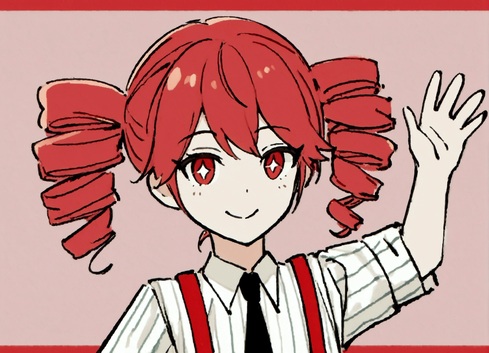 Red hair, waving, smiling, striped white shirt, suspenders