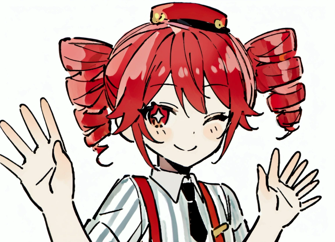 Red hair, waving, smiling, striped white shirt, suspenders