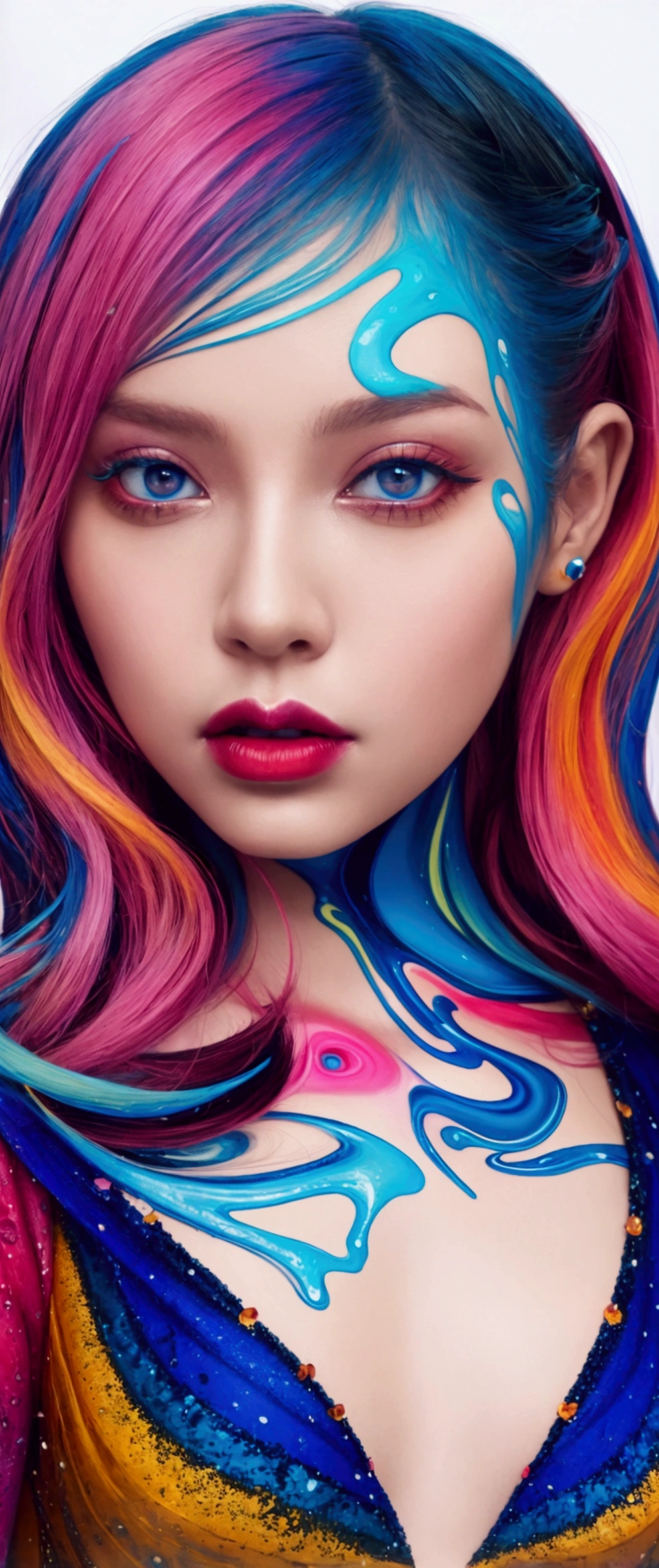 (masterpiece, top quality, best quality, official art, abstract aesthetic),solo,(1girl),(upper body|full body),a woman with colorful lipstick,psychedelic dripping colors,small breasts,best of behance,inspired by Alberto Seveso,smooth digital artwork,behance art,stunning digital art,beautiful acrylic fluid portrait,cgsociety saturated colors,photorealistic digital arts,trending digital art,surrealistic digital artwork,glossy digital painting,exquisite digital fashion photography,uhd,
