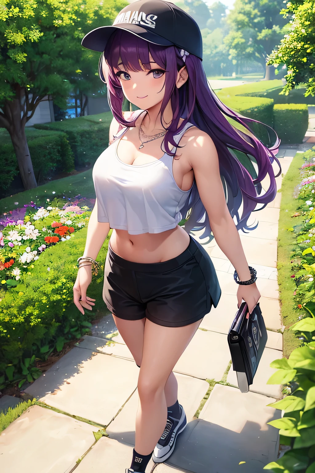 ((masterpiece, best quality, ultra-detailed)), 1girl, beautiful confident woman walking through a garden, smiling, pink tank top, midriff, bracelet, necklace, long black skirt, white sneakers, black socks, wearing headphones and brim cap, full body, wavy purple hair