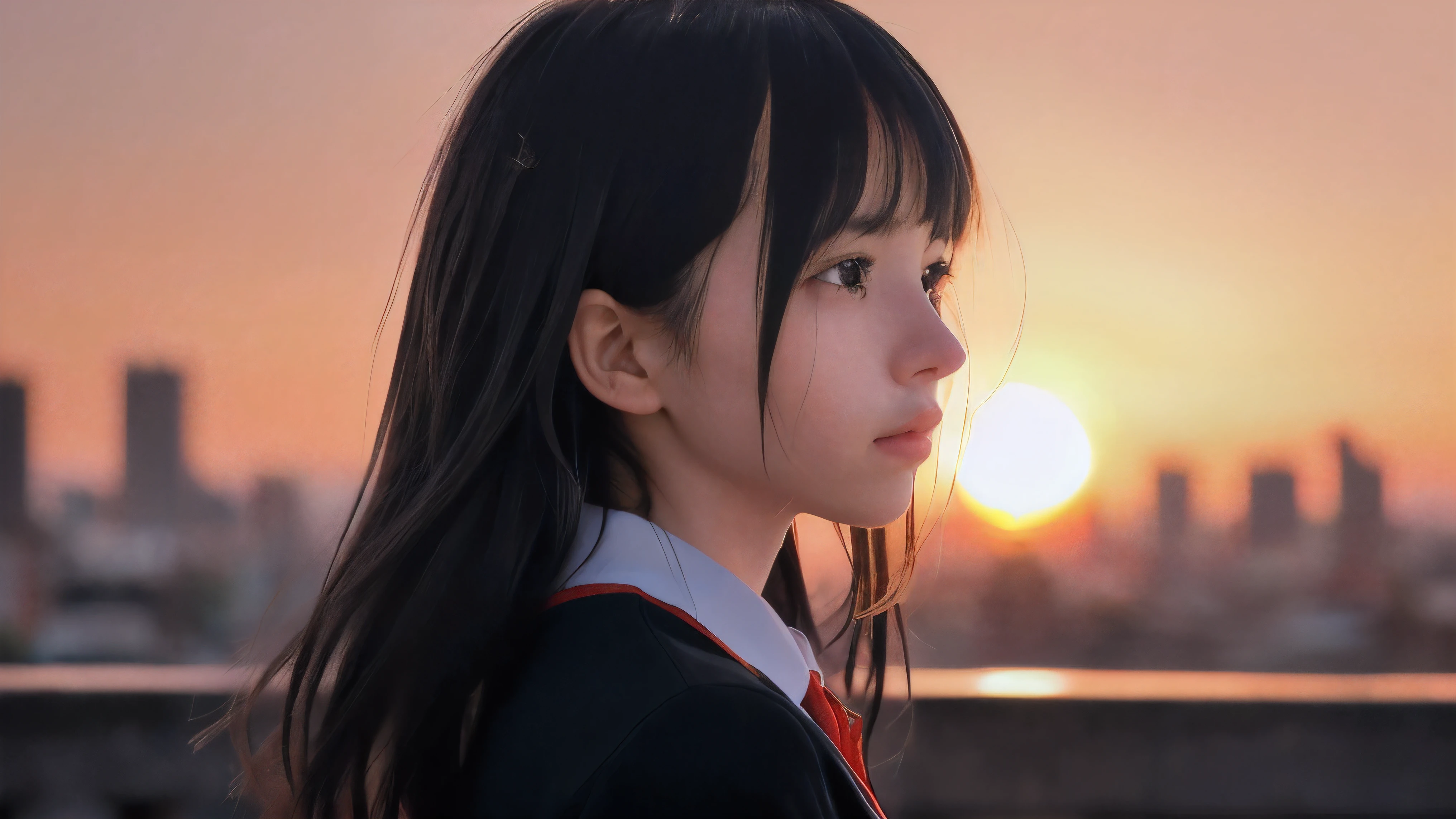 (Close up profile shot of one slender small breasts two side up black medium hair bangs girl with crying face in long sleeves black school uniform:1.5)、(One girl is looking at sunset red sky with her face is reflected sunset light and her hair is blowing in long sleeves black school uniform:1.5)、(Beautiful red sunset sky at skyscraper city landscape:1.5)、(8k ultra detailed master piece:1.5)、(perfect anatomy:1.5)、(Photorealistic stick:1.5)、(Raw photo:1.3)、(highest quality:1.5)、(High resolution:1.3)、(Delicate and beautiful perfect face:1.3)、(Delicate and beautiful eye air skin:1.3)、(Real Human Skin:1.3)、((thin legs))