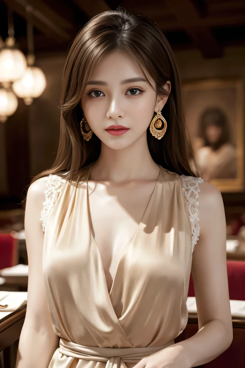 masterpiece, Highest quality, Realistic, Very detailed, Finer details, High resolution, 8k wallpaper, One beautiful woman, Wear a fine colored silk shirt, In a great restaurant, At night, Light brown messy hair, Perfect dynamic composition, Beautiful and beautiful eyes、Big earrings、chest、Sleeveless shirt、