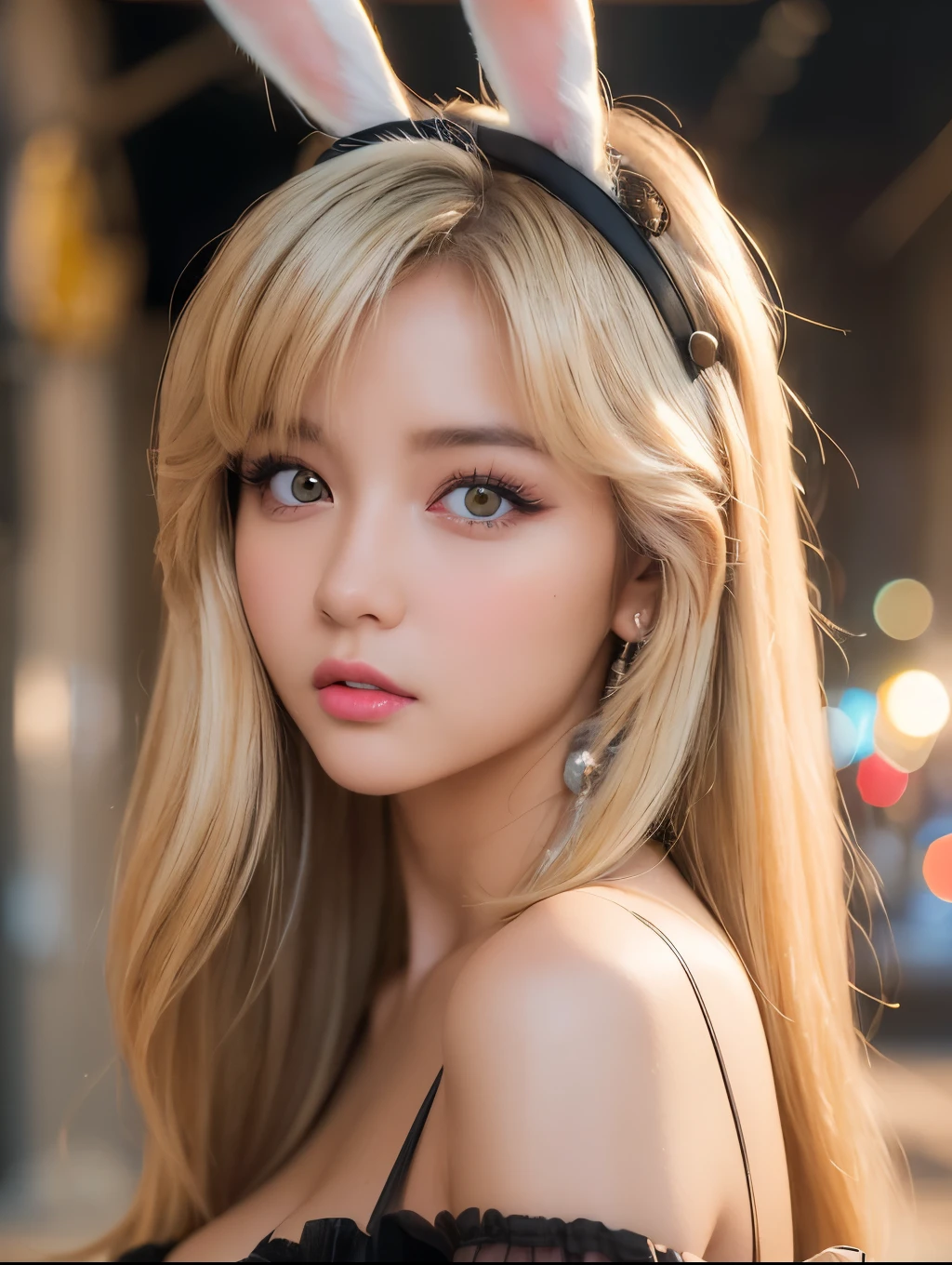 (photoRealstic:1.4),(hyper realisitic:1.4),(realisitic:1.3),(Smooth lighting:1.05),(Improved cinematic lighting:0.9),32K,1 girl,Realistic lighting,raytrace,(japanes:1.4),(Detailed eyes:1.4),16 years old,gal,gyaru,Blonde,(eyeliner),(eyeshadow:1.2),big breasts,(Bunny girl:1.5)