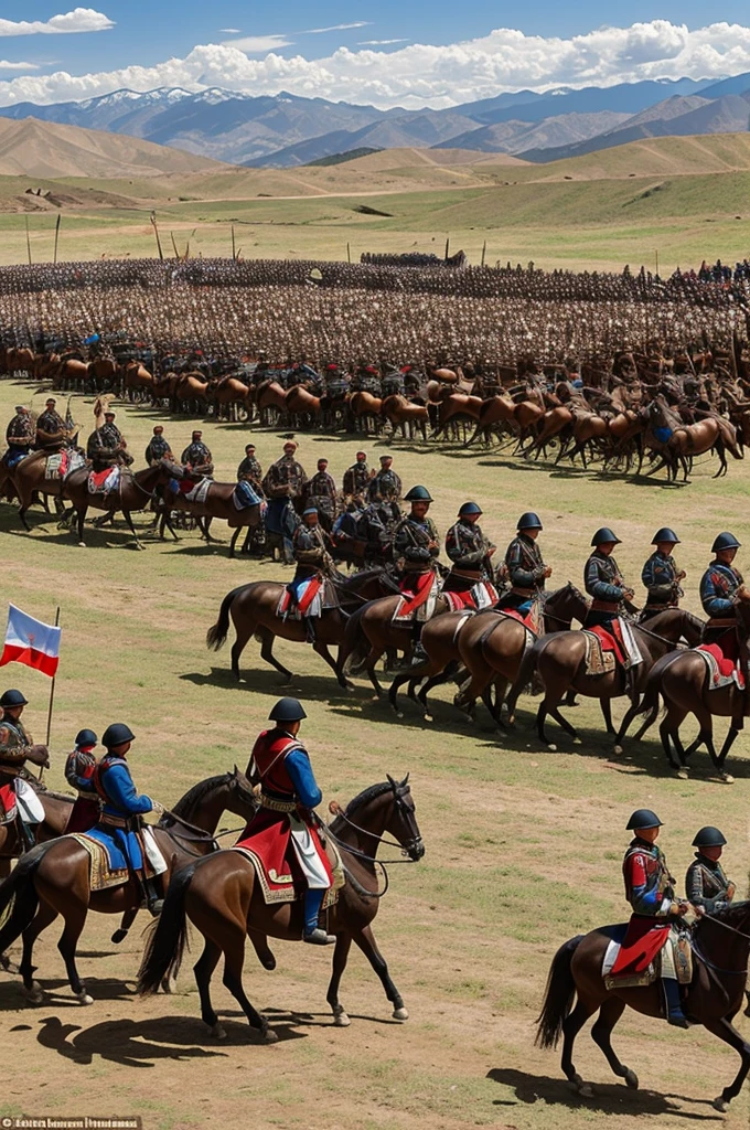 Battle of Ayacucho: in the middle of battle, with many horses, Also add an image signing the surrender by the Spanish