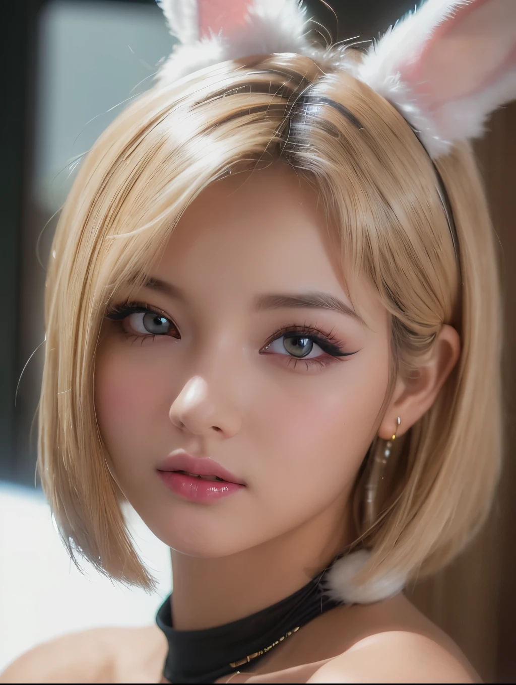 (photoRealstic:1.4),(hyper realisitic:1.4),(realisitic:1.3),(Smooth lighting:1.05),(Improved cinematic lighting:0.9),32K,1 girl,Realistic lighting,raytrace,(japanes:1.4),(Detailed eyes:1.4),,gal,gyaru,Blonde,(eyeliner),(eyeshadow:1.2),big breasts,(Bunny girl:1.5)