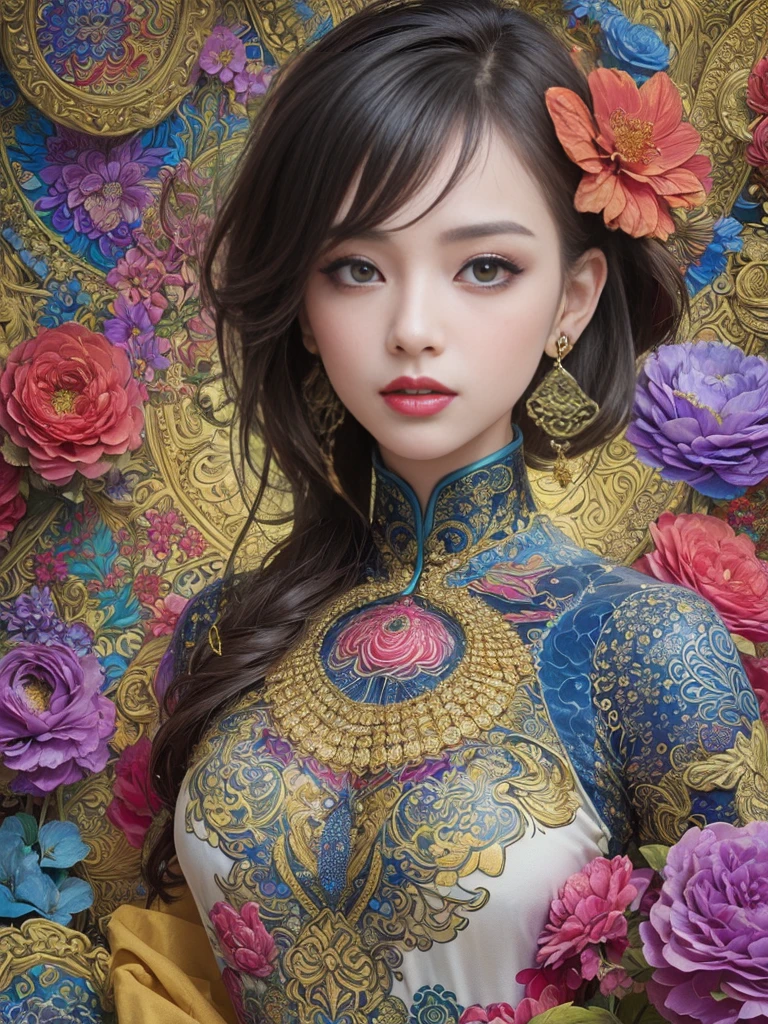 (masterpiece, top quality, best quality, official art, beautiful and aesthetic:1.2), (1girl:1.3), extremely detailed,(fractal art:1.1),(colorful:1.1)(flowers:1.3),highest detailed,(zentangle:1.2), (dynamic pose), (abstract background:1.3), (chinese dress:1.2), (shiny skin), (many colors:1.4), ,(earrings:1.4),