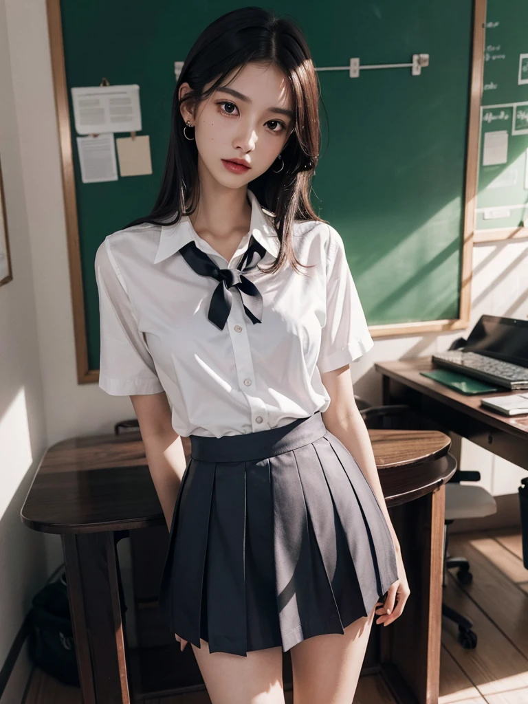 absurdres, RAW photo, extremely delicate and beautiful, masterpiece, Best Quality, ultra high resolution, 32k, hyperrealistic, ultra-detailed, perfect anatomy, anatomically correct, perfect figure, super Detailed skin, 20 years old, very Slim body, narrow waist, very small head, very small face, delicate facial features, detailed face, detailed eyes, tearful mole, earring, thin legs, very huge round breasts, medium hair, asymmetrical hair, (full body shot:1.2), indoor, short skirt, (school_uniform:1.2), bare legs,