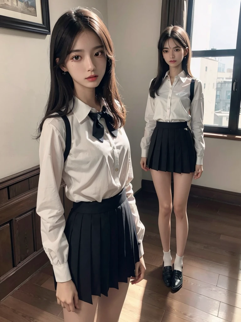 absurdres, RAW photo, extremely delicate and beautiful, masterpiece, Best Quality, ultra high resolution, 32k, hyperrealistic, ultra-detailed, perfect anatomy, anatomically correct, perfect figure, super Detailed skin, 20 years old, very Slim body, narrow waist, very small head, very small face, delicate facial features, detailed face, detailed eyes, tearful mole, earring, thin legs, very huge round breasts, medium hair, asymmetrical hair, (full body shot:1.2), indoor, short skirt, (school_uniform:1.2), bare legs,