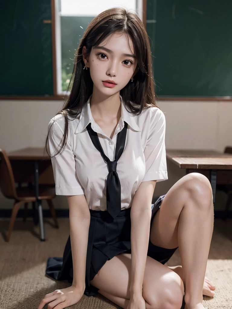 absurdres, RAW photo, extremely delicate and beautiful, masterpiece, Best Quality, ultra high resolution, 32k, hyperrealistic, ultra-detailed, perfect anatomy, anatomically correct, perfect figure, super Detailed skin, 20 years old, very Slim body, narrow waist, very small head, very small face, delicate facial features, detailed face, detailed eyes, tearful mole, earring, thin legs, very huge round breasts, medium hair, asymmetrical hair, (full body shot:1.2), indoor, short skirt, (school_uniform:1.2), bare legs,