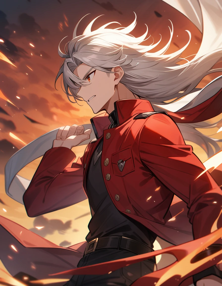 1 chico, male focus, wind, swift master, dnf duel, clear skin, White hair, Red jacket,