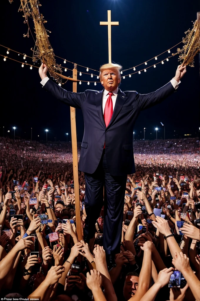 Donald Trump nailed to a cross, heaven in the background, thousands of fans see Donald Trump rise to the sky while wearing a crown of thorns