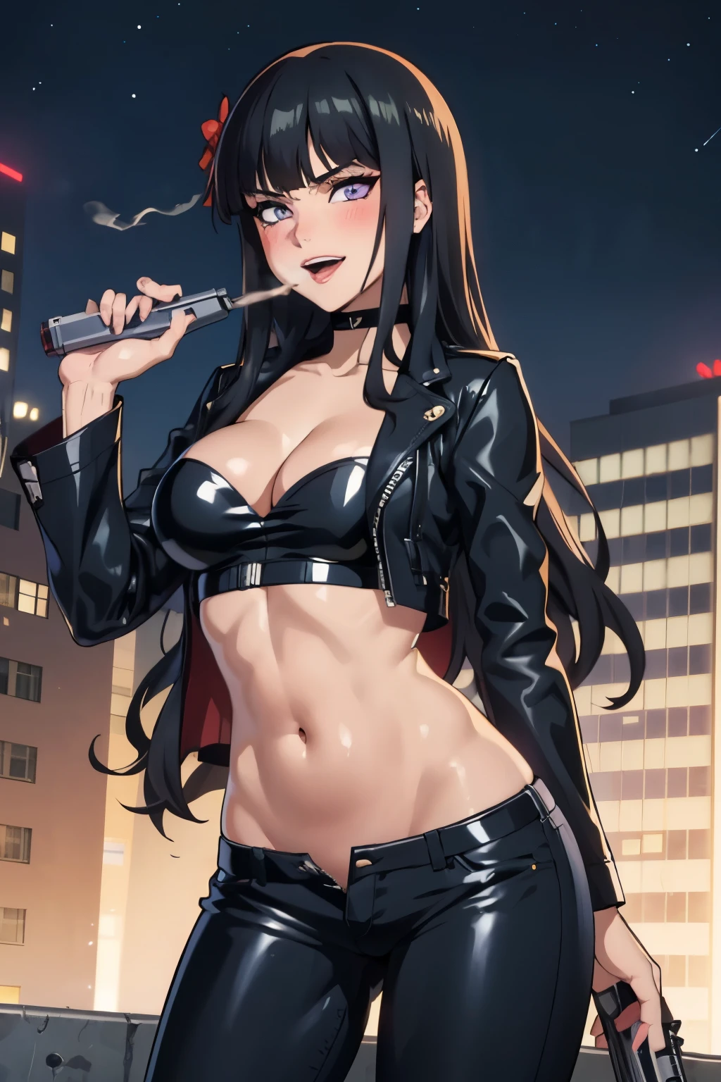 cyan_sung-sun, 1girl, solo, long black hair, purple eyes , large breasts, long hair, lipstick, Hot girl, baddie, staring, glaring, bad attitude, mean girl, dare, angry, hate, crazy, smoking, sensual, attractive, outdoors, rooftop, cityscape, building, railing, night, city lights, blush, lipstick, masterpiece, best quality, highly detailed, a girls with a gun, evil smile , open mouth, sexy gaze, badass
pose , evil smile, smile, (nsfw) not safe for work, guns blazing, anime girl with long hair, beautiful long
haired girl, navel, evil expression, exposed belly, exposed navel, exposed midriff, exposed lower belly,
long black pants, crop top, cleavage, unbuttoned leather pants ,open fly, low rise black leather pants,
leather jacket, holding a gun, holding pistol