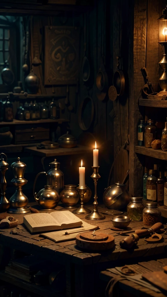 A 4K ultrarealistic 3D image of a medieval apothecary's workshop. The scene features a dark, cluttered room with ancient medical equipment, potions, and scrolls scattered on a wooden table. The lighting is provided by a few candles, creating deep shadows and a haunting atmosphere. The title "Resumo de Antropologia" is prominently placed at the top of the image in a classic, historical font.