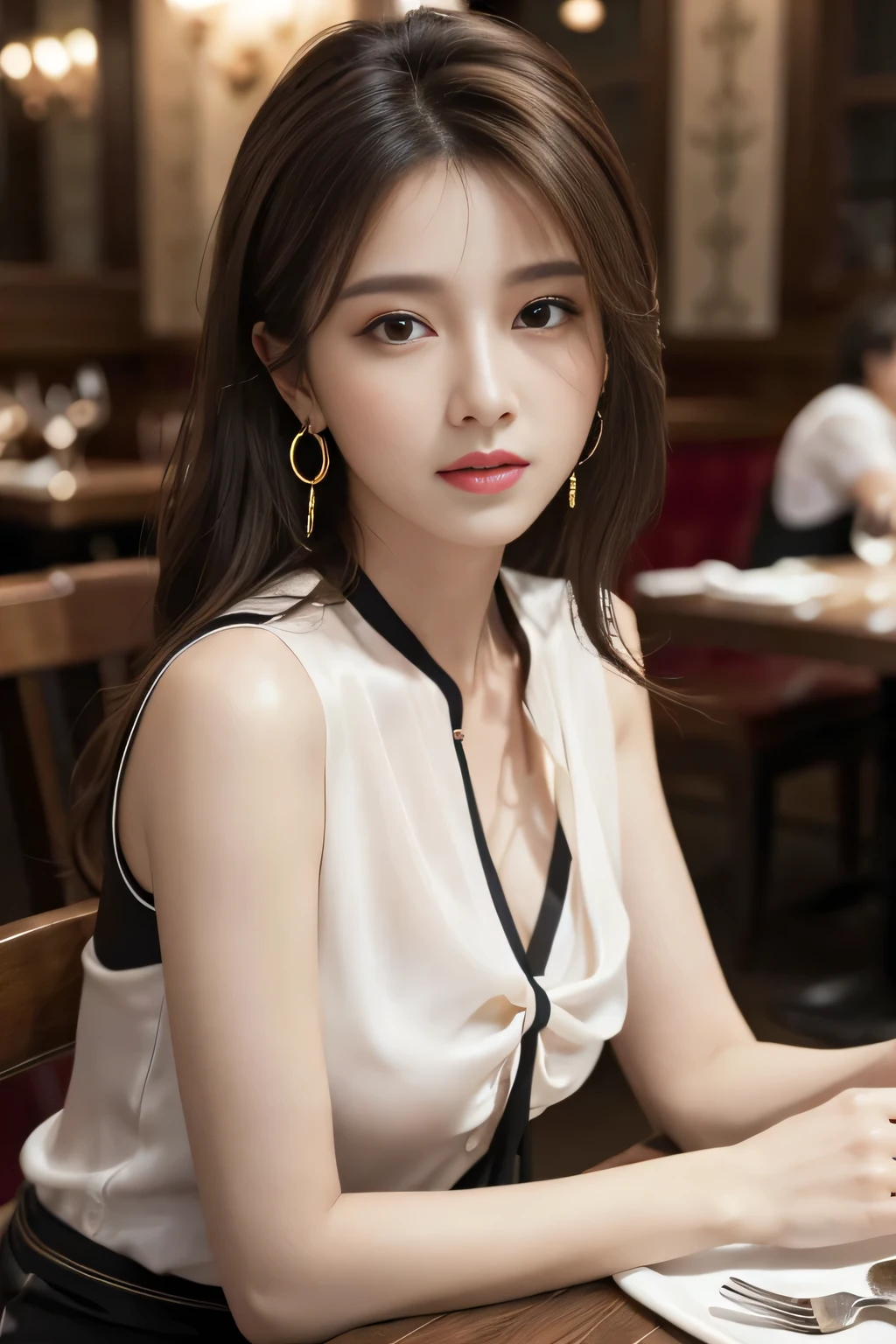 masterpiece, Highest quality, Realistic, Very detailed, Finer details, High resolution, 8k wallpaper, One beautiful woman, Wear a fine colored silk shirt, In a great restaurant, At night, Light brown messy hair, Perfect dynamic composition, Beautiful and beautiful eyes、Big earrings、chest、Sleeveless shirt、




