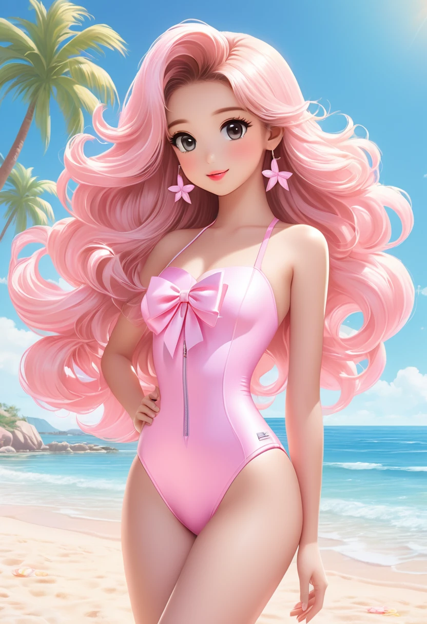 "A full-body image of a cute idol-like girl standing confidently. She is wearing a stylish tube top swimsuit in pastel pink, adorned with small bows. Her long, flowing hair cascades down her back, and she has big, sparkling eyes. The background is a sunny beach with gentle waves, a few palm trees, and a clear blue sky."
