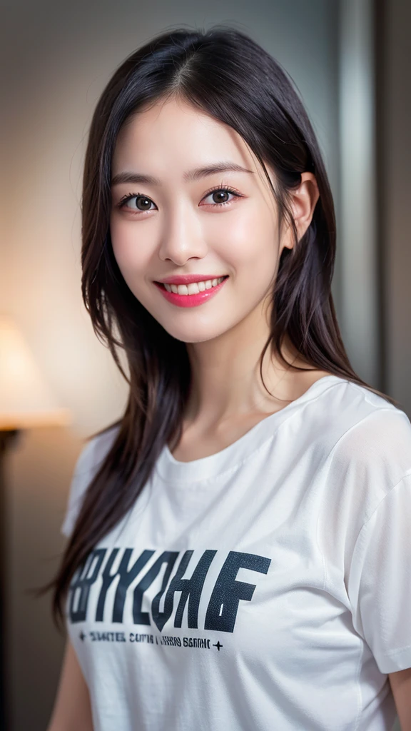 Dressed, (photo Realistic:1.4), (hyper Realistic:1.4), (Realistic:1.3),
(Smoother lighting:1.05), (Improving the lighting quality of movies:0.9), 32K,
One girl,20 year old girl, Realistic lighting, Backlight, Light on the face, Ray-tracing, (Bright light:1.2), (Improvement of quality:1.4),
(Highest Quality Real Texture Skins:1.4), Detailed drawn eyes, Detailed painted face,
(tired and sleepy and joy:0), (smile:1.4), Face close-up, T-Shirts,
(Enhance the mood of your body line:1.1), (Enhances the beauty of skin texture:1.1)