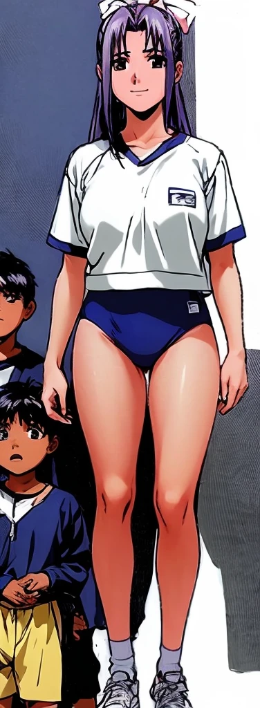 Momoko Koigakubo, a tall girl with beautiful legs, is standing with a smile on her face in a white gym uniform and light navy blue bloomers that look like panties.。Momoko Koigakubo is holding the shoulders of a boy wearing a tracksuit。