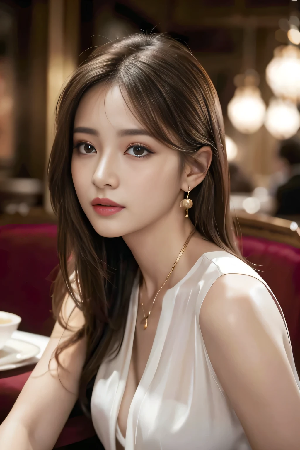 masterpiece, Highest quality, Realistic, Very detailed, Finer details, High resolution, 8k wallpaper, One beautiful woman, Wear a fine colored silk shirt, In a great restaurant, At night, Light brown messy hair, Perfect dynamic composition, Beautiful and beautiful eyes、Big earrings、chest、Sleeveless shirt、