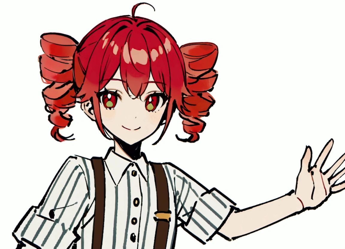 Red hair, waving, smiling, striped white shirt, suspenders