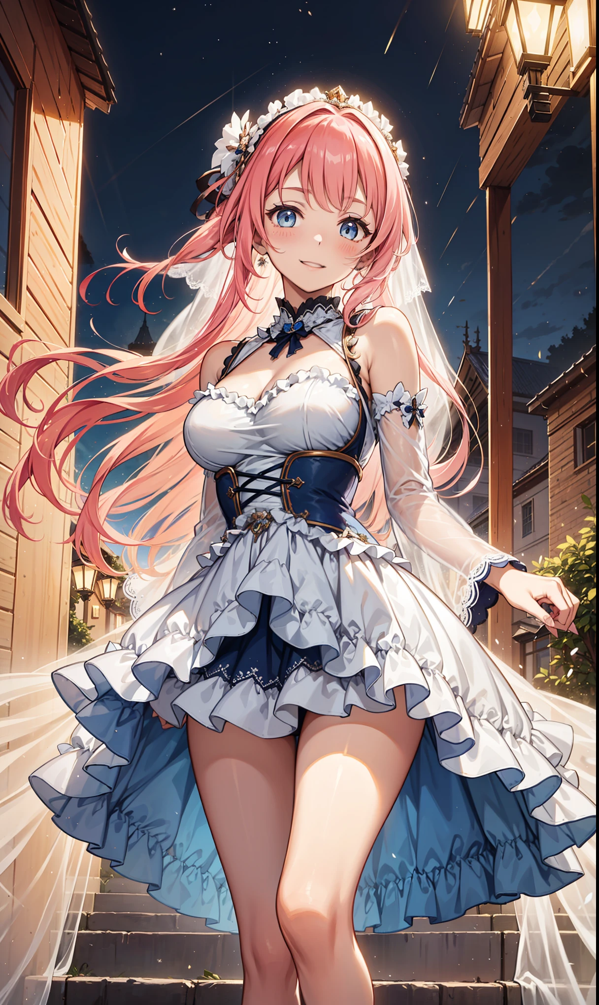 s girl,Enchanted,Divine happiness,Being in love,(Light Victorian dress),Pink hair,eBlue eyeaximalism,Multiple layers of delicate ruffles,Lots of lace,Light white cloth,Multi-colored cloth delicately embroidered,Delicate pattern,Fabric headdress,exquisite costumes,transparent costume,God Garden,the night,glittery,(Dazzle:1.1),Movie lighting,the night,solo person,Fluttering skirt