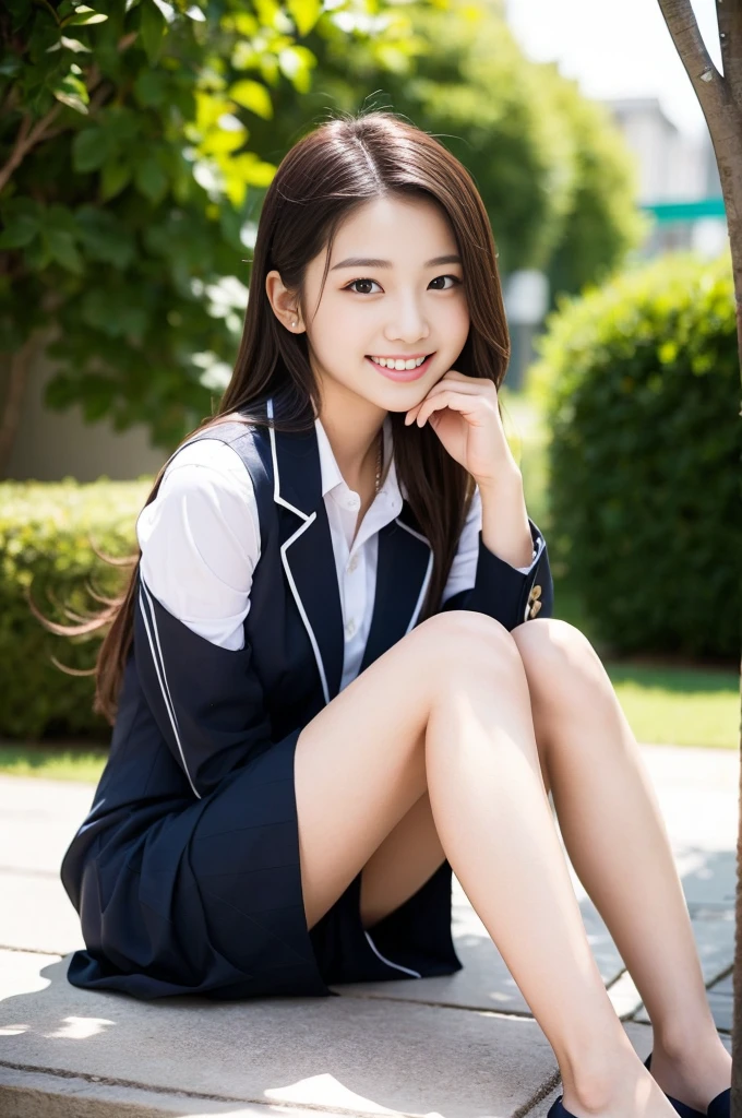 Pure young Japanese school girl, natural body, beautiful legs, wearing summer uniforms, natural black hair styles, impressive big brown eyes, no makeup, thick eyebrows, pure smile, refreshing in summer sunlight, feeling soft breeze in hair, sitting, relaxed pose, sexual attractive, professional portrait photography,
