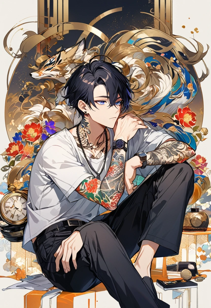 1man, short black hair, fox ears, bright blueviolet eyes, wearing a darkgray casual jacket, wearing a white undershirt, wearing black pants, wearing a vintage golden watch, japanese style tattoos,  colorfull tattoos, tattoos all over the arms, resting head with hand, wearing a silver necklace