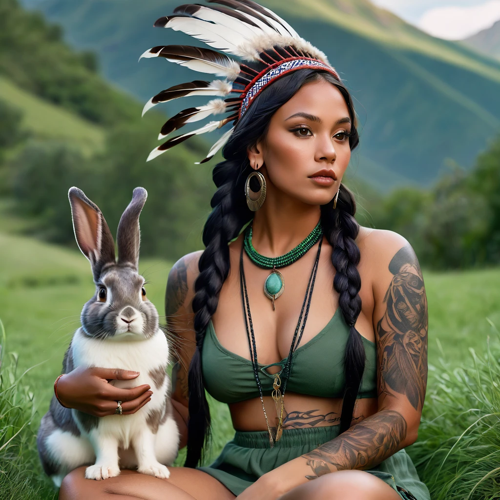 Realistic image of a woman, alone, with long hair, looking at the viewer, black hair, brown eyes, jewelry, braid, earrings, dark skin, necklace, mole, dark-skinned woman, lips, tattoo, feathers, headdress, facial tattoo, Native America, sitting on the green grass behind mountain with her rabbits