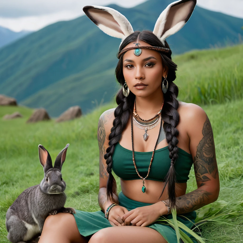 Realistic image of a woman, alone, with long hair, looking at the viewer, black hair, brown eyes, jewelry, braid, earrings, dark skin, necklace, mole, dark-skinned woman, lips, tattoo, feathers, headdress, facial tattoo, Native America, sitting on the green grass behind mountain with her rabbits