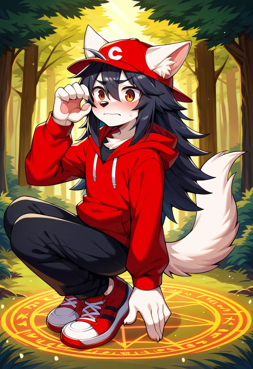 masterpiece, best quality, expressive eyes, perfect face, a man get transformed into a furry ddler akita dog, furry akita, white fur, big akita tail, dog ears, solo, surpriced, blushed, black hair, long hair, red baseball cap, black shirt, red hoodie, black sports pants, red sport shoes, brown eyes, full body, in a magic forest, glitter, embarrassed pose, magic circle on the floor.