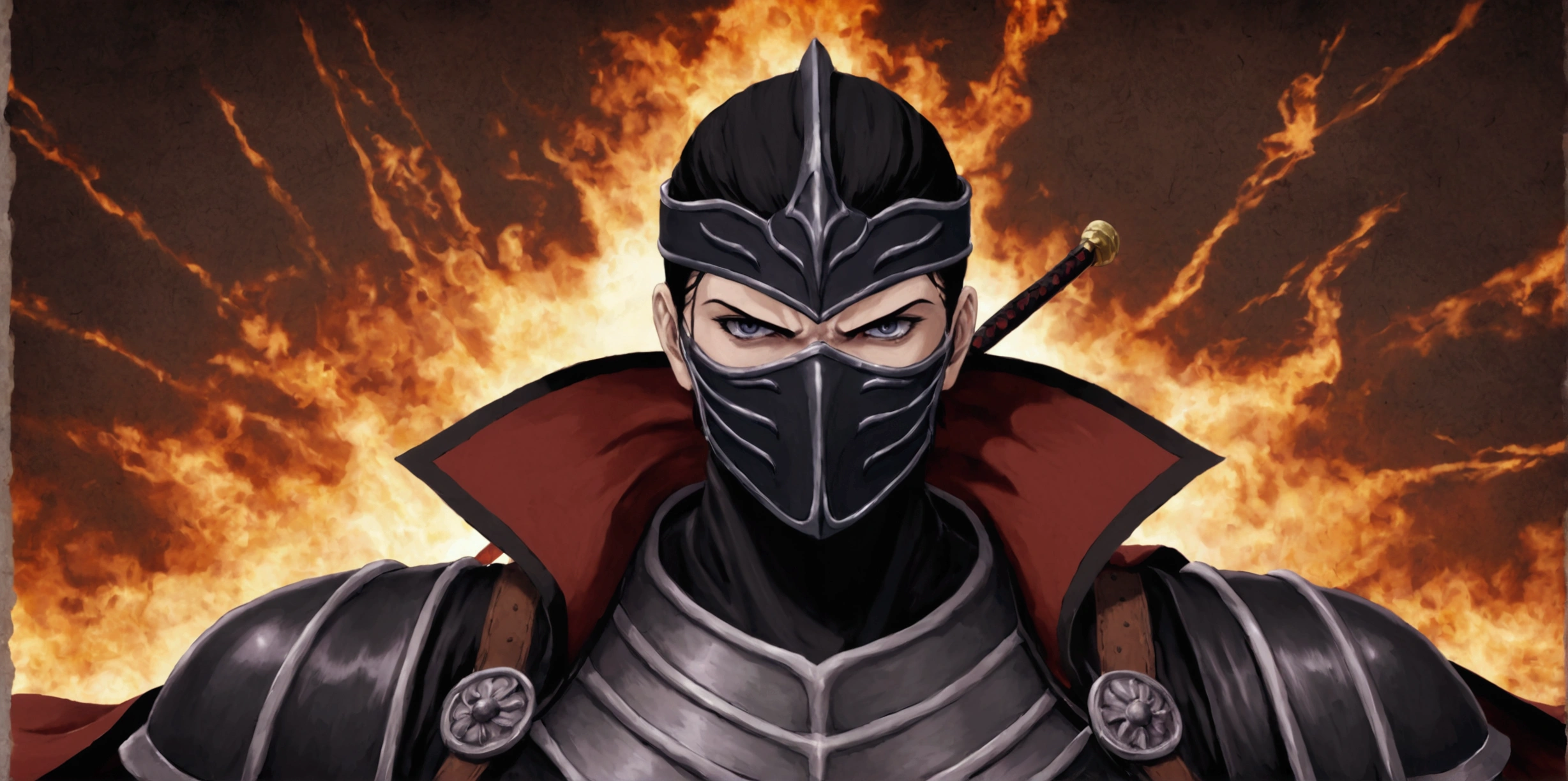 ninja mask, cape,close up, black heavy detailed clothes, single person, weapon, art, dark and malevolent, weapon, armor, powerful and intimidating, (masterpiece, best quality, ultra-detailed, best shadow), (detailed background, dark fantasy) dramatic light, intricate details, dark and malevolent, powerful and intimidating, Dark and foreboding, malevolent force, sinister and chilling, armor, high detailed background, girl in demon slayer art, demon slayer art style, epic anime art, God death