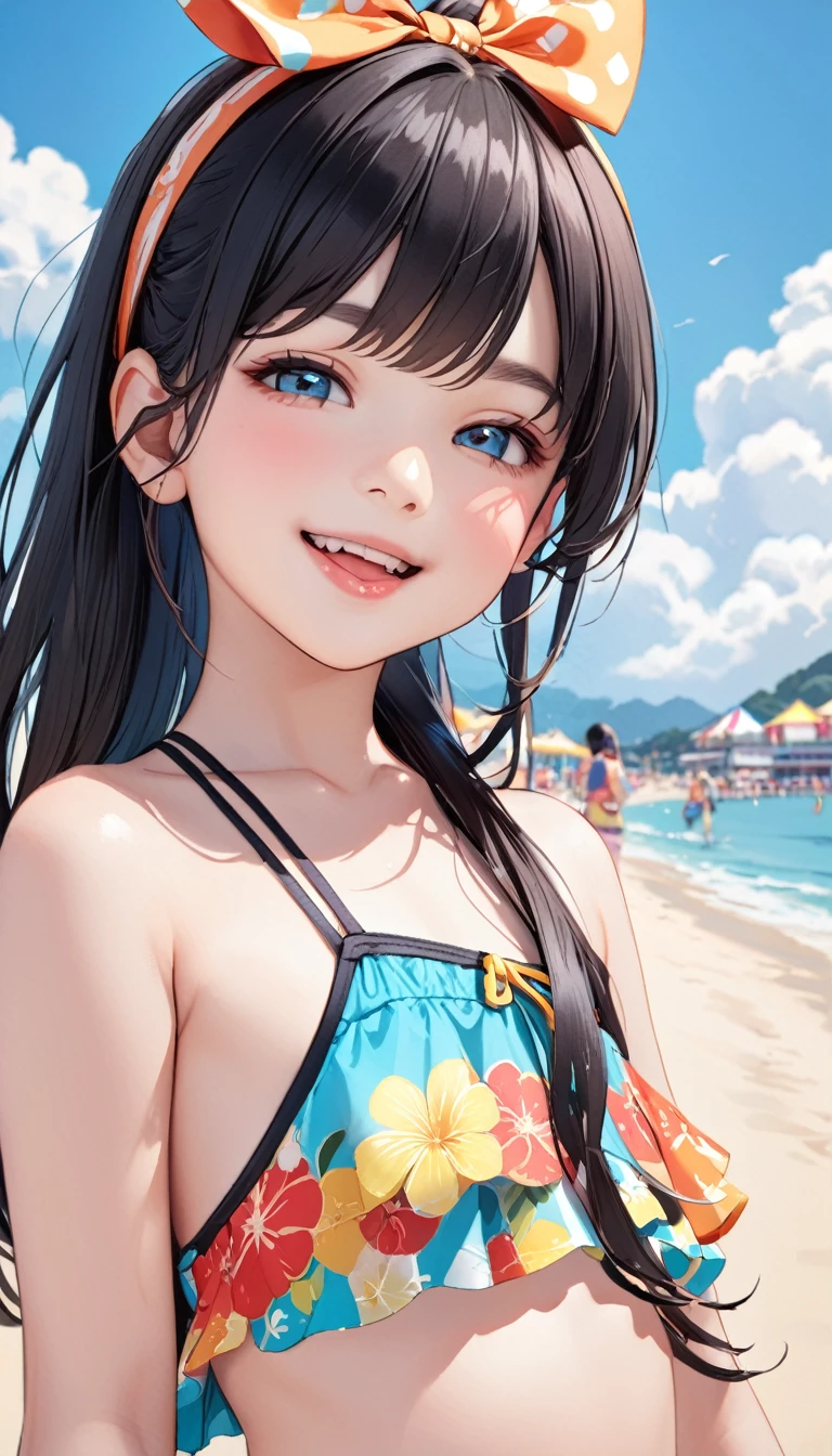 8-year-old black-haired girl,Beach Summer Festival,elevation,Flushing,Smiling face close-up'Eyes wearing silver-white mirrored lens sunglasses、I looked at the world reflected in the lenses of my sunglasses....(Side Pony,Colorful Hair),