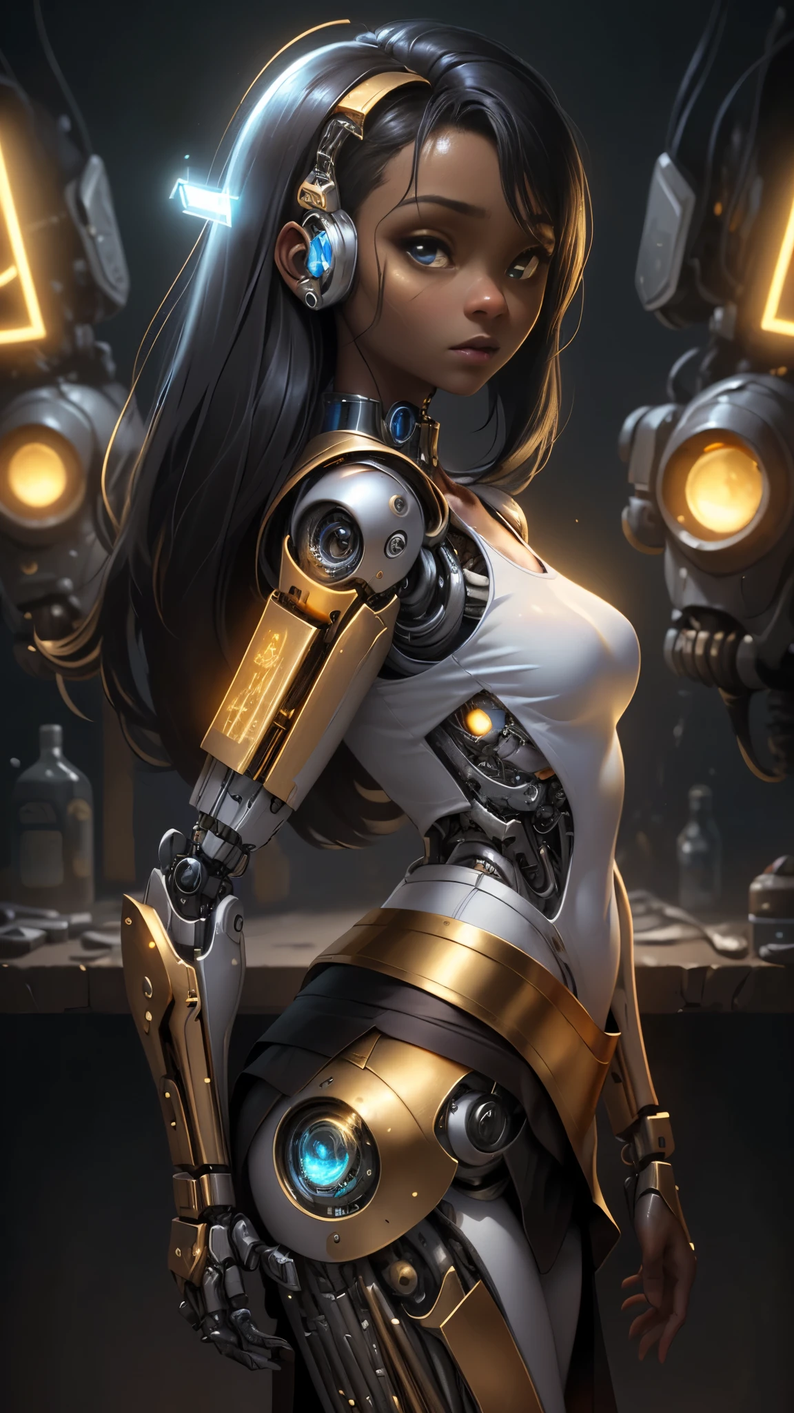 analog raw photo of cute tween Fashion model 13 yr old, photo shoot in a basement , beautiful Icelandic girl,(dark ebony skin:1.4), (mini skirt plateado cyborg :1.4) , innocent detailes eyes, uncombed blodne hair, skinny, thin, slim, lean, slender, nubile, detailed cute face, natural lighting, perfect lips, symmetrical face, young, youthful, tween, teenager, medium breasts,(cyborg white transparent circuito :1.4), (tight tank top white :1.4) , (small bodysuit white :1.4) , (medias blancas brillantes/pantys:1.4),view from behind looking back, glass bottles on tables, high res 16k, Epic Fantasy Art Style HD, 4K fantasy art, epic fantasy digital art style, epic fantasy art style, Fantasy Woman, epic fantasy art portrait, Epic fantasy style, hyperrealistic fantasy art, hd fantasy art, Epic fantasy character art, epic fantasy art, in style of dark fantasy art, epic fantasy digital art, (iluminación cinematográfica :1.4), (anatomía perfecta :1.4), (face detailed :1.4), (pose vaquero), (cyborg white plastic transparent mechanical :1.4), (cyberpunk: V2.0), (colores brillantes), (circuitos neón luces Cyborg :1.4), (dark ebony skin:1.4),( wearing black and golden battle outfit cyborg :1.8)