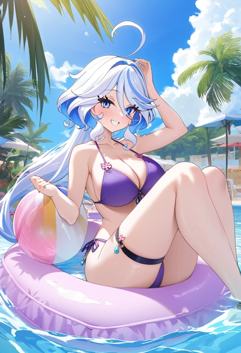 best aesthetic, Furina, 1girl, solo, long hair, breasts, looking at viewer, smile, bangs, very large breasts, really huge butt, big butt, swimsuit, cleavage, pink lipstick, kiss marks, outdoors, sky, day, bikini, cloud, tree, water, pedal, blue sky, purple bikini, pink pool float, inflatable butterfly wings, beach ball, palm tree, beachball, beach umbrella, ocean waves, a beautiful young woman wearing a purple bikini, lounging on a pool float in a sparkling blue pool. She is surrounded by tropical flowers and palm trees, and the scene is set against a backdrop of a bright blue sky with fluffy white clouds. The woman's pose is sexy and seductive as she floats in the pool, enjoying the sunshine. The colorful flowers, pool float, and her bold purple bikini all contribute to the fun, summery vibe. The overall atmosphere is cheerful and lighthearted, capturing the essence of a perfect poolside day.