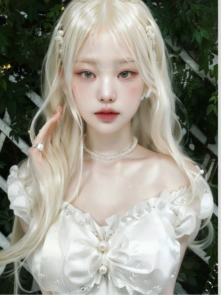 blond haired girl with white dress and pearls posing for a picture, white hime cut hairstyle, long white hair and bangs, with white long hair, with long white hair, pale milky white porcelain skin, pale porcelain white skin, girl with white hair, extremely pale blond hair, blonde anime girl with long hair, perfect white haired girl, porcelain white skin, flowing white hair, Jennie blackpink.